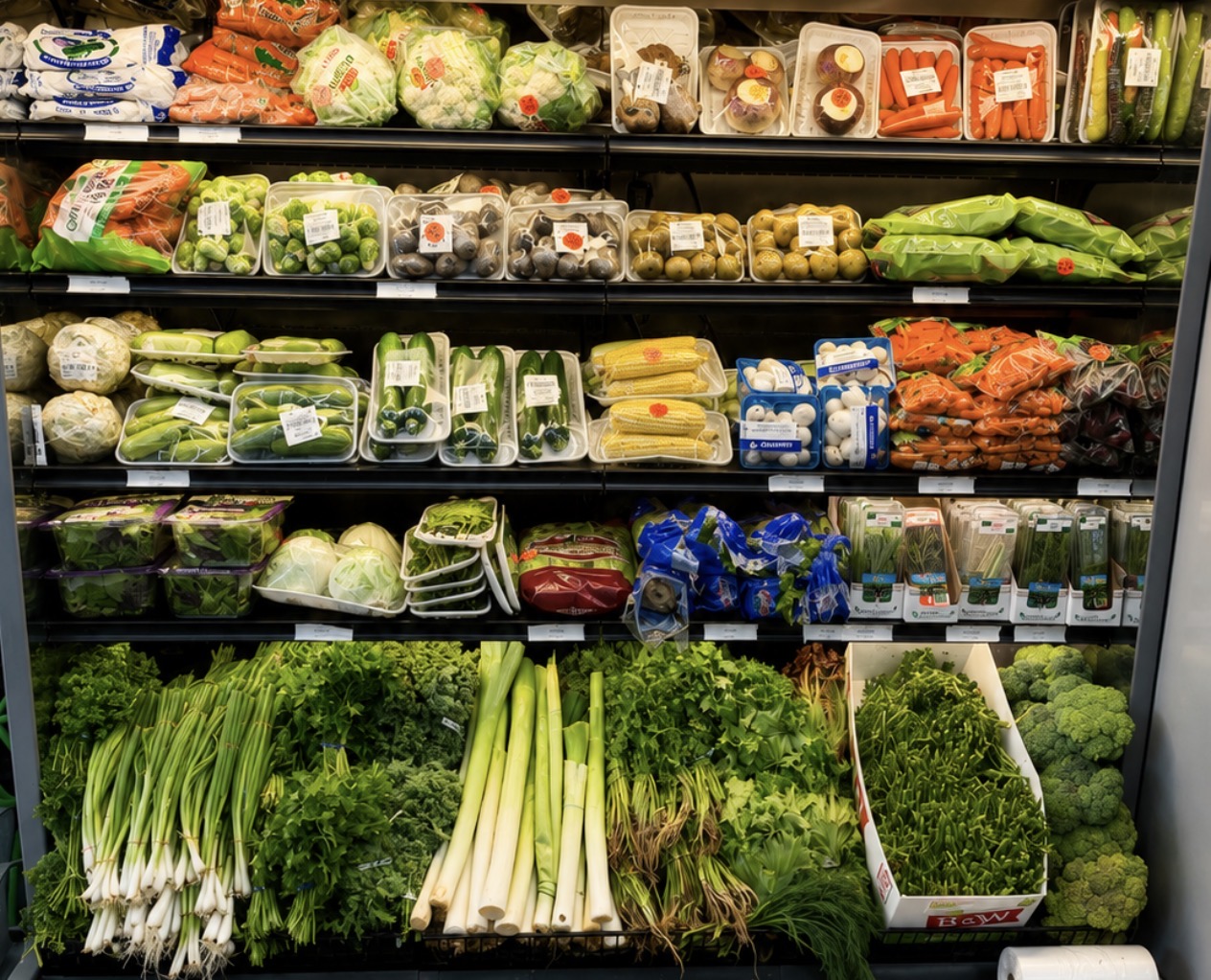 Fresh greens and vegetable fridge at Marché Freshco